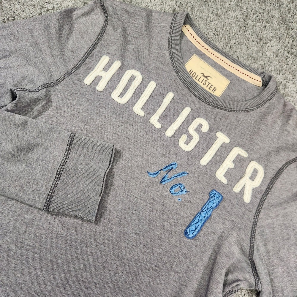 Hollister Shirt Mens M‎ L/S Gray Graphic Logo Distressed Y2K Surfer 100% Cotton